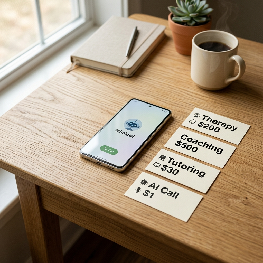 AI companion cost comparison chart — AI phone call credits vs therapy, coaching, and tutoring session prices