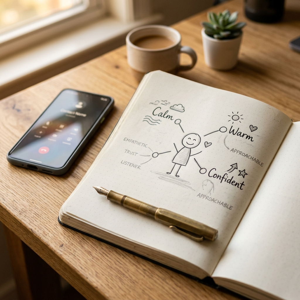 Designing an AI persona caller — creative notebook sketch for Mimicall voice personality