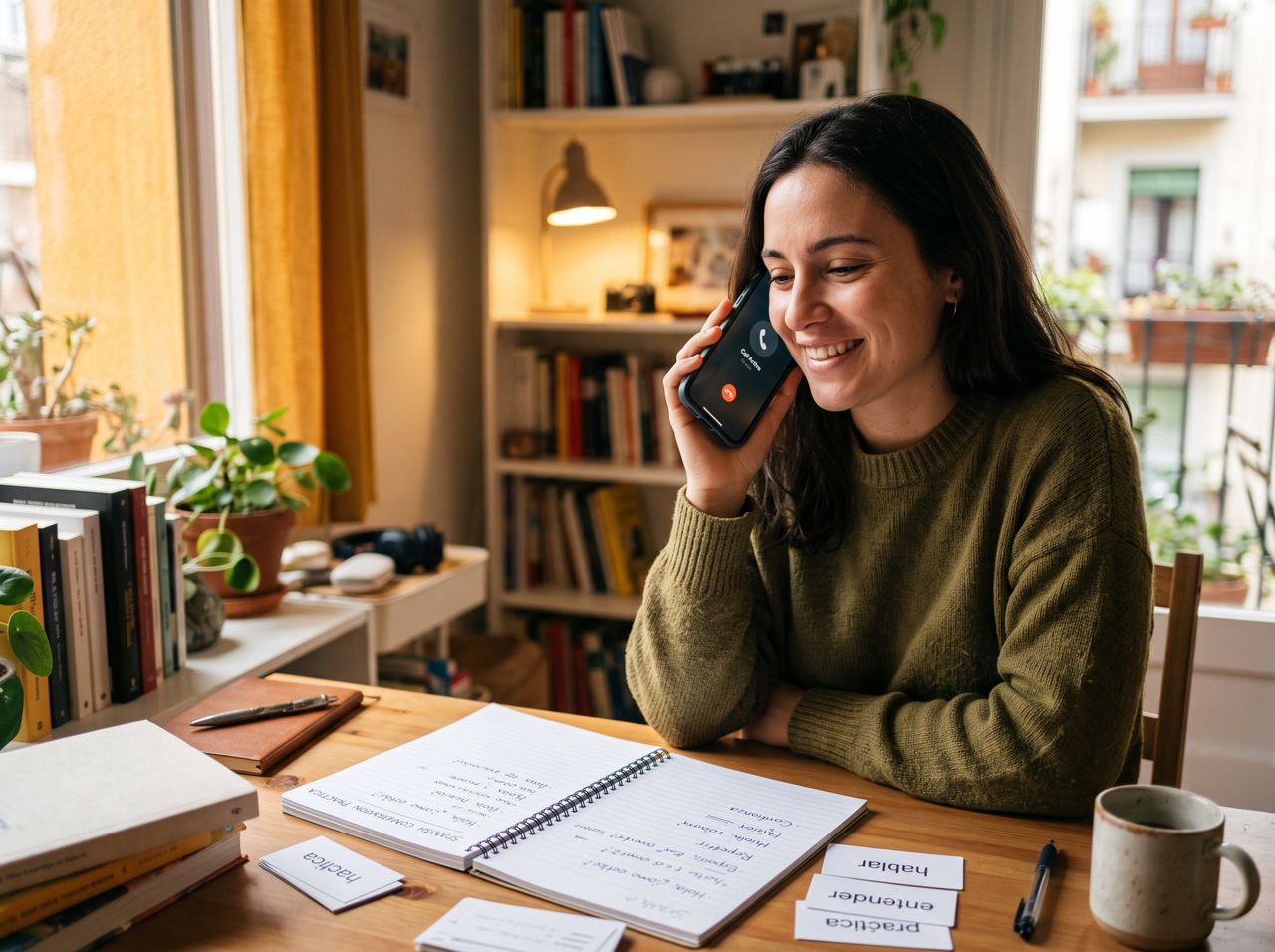 AI phone call app language practice image showing Mimicall phone-based speaking practice, with a learner smiling during a repeat conversation session beside open study notes.
