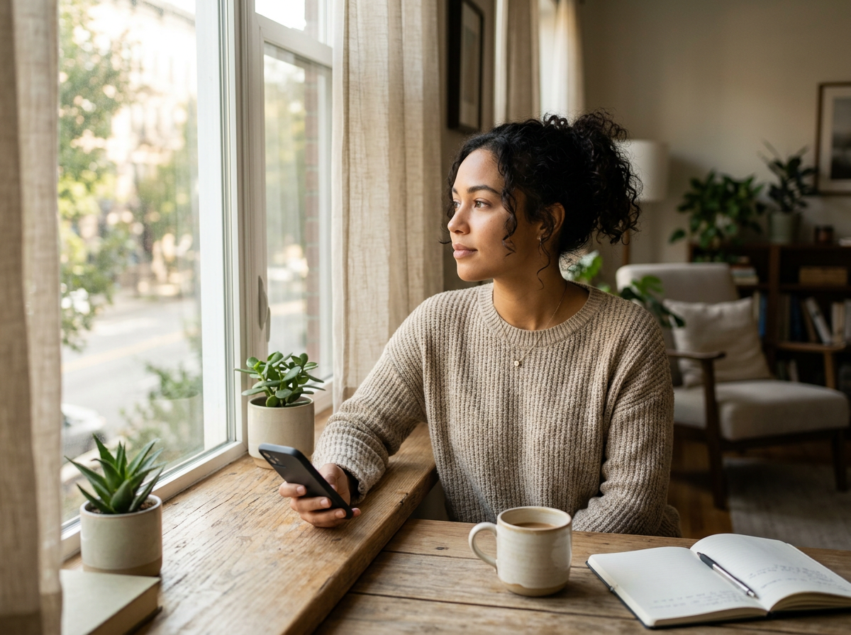 AI companion app Mimicall — person looking out window with phone in hand, soft natural light, contemplative moment